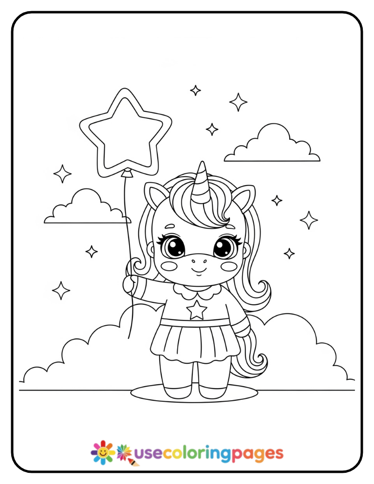 Unicorn Girl Holding a Star Balloon Coloring Page