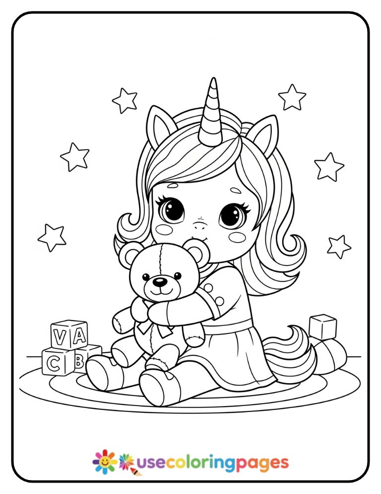 Unicorn Girl Hugging a Teddy Bear Coloring Page