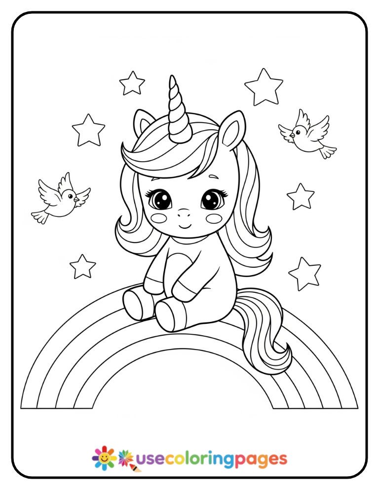 Unicorn Girl Sitting on a Rainbow Coloring Page