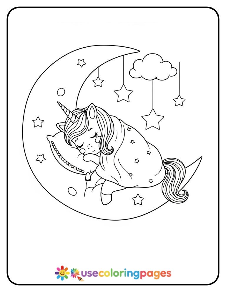 Unicorn Girl Sleeping on a Crescent Moon Coloring Page