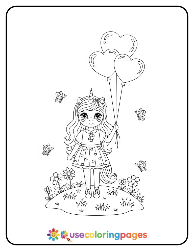 Unicorn Girl with Heart Balloons Coloring Page