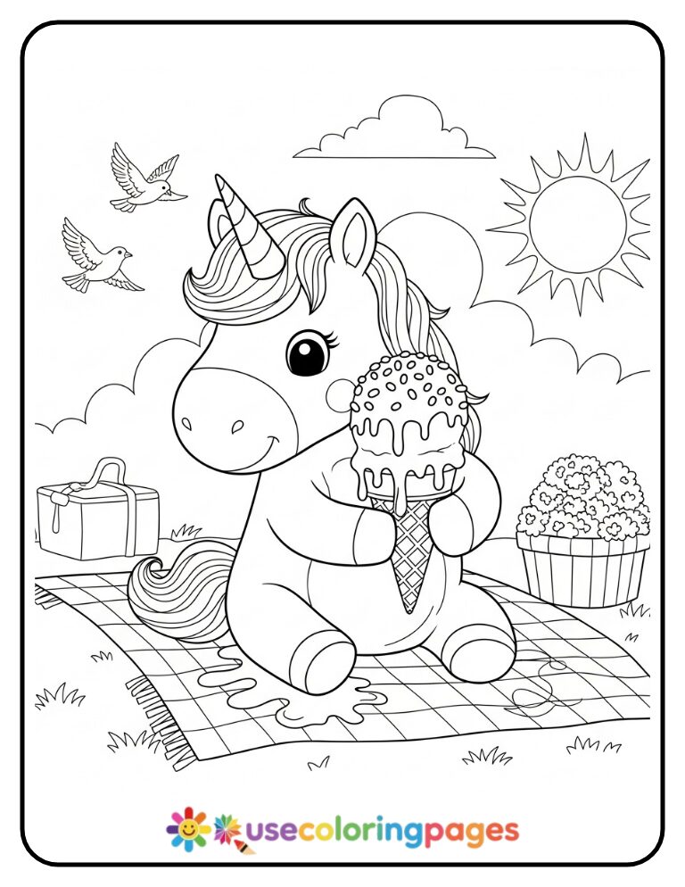 Unicorn Having an Ice Cream Treat Coloring Page