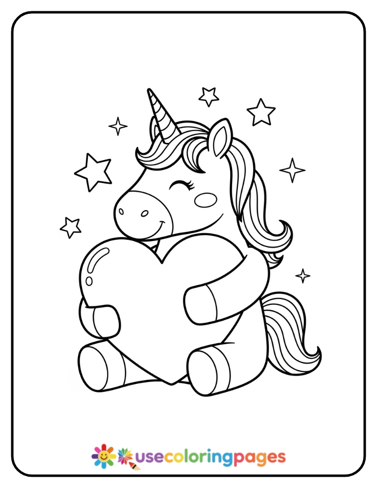 Unicorn Holding a Heart Coloring Page Easy