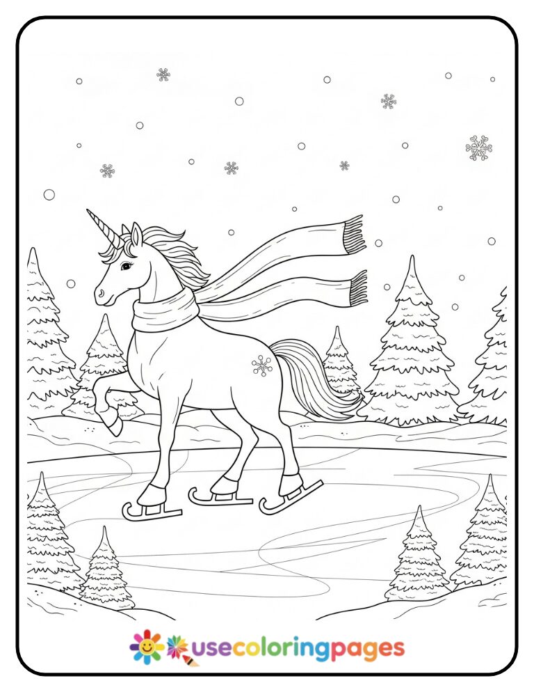 Unicorn Ice Skating with Scarf Coloring Page