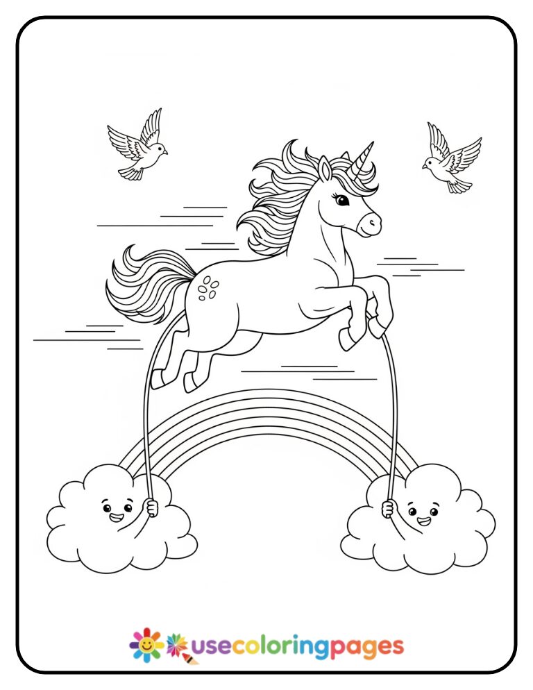 Unicorn Jumping Over Rainbow Jump Rope Coloring Page