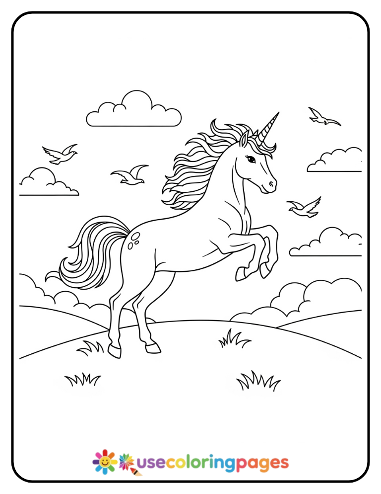 Unicorn Jumping Over a Hill Coloring Page Easy