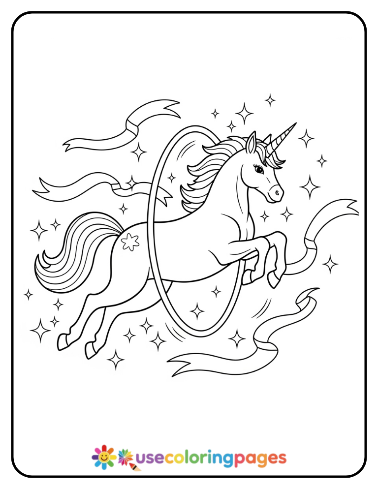 Unicorn Jumping Through a Hoop Coloring Page