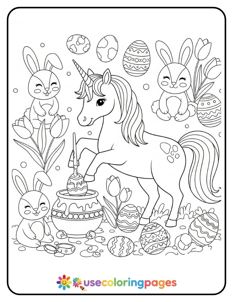 Unicorn Painting Easter Eggs Coloring Page