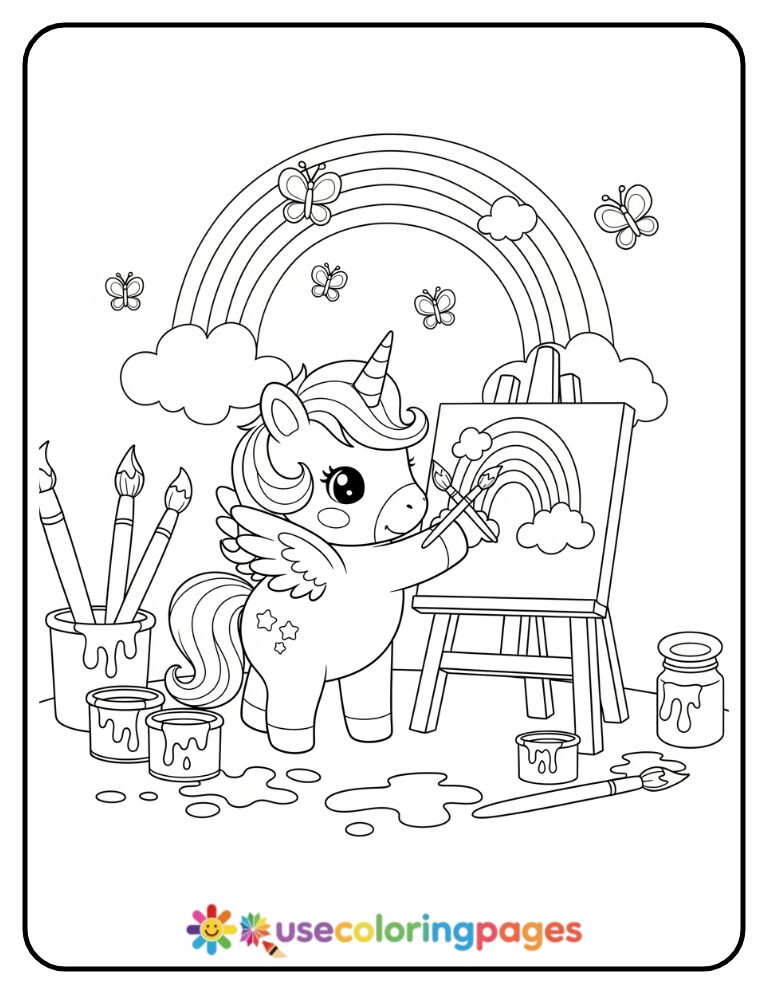 Unicorn Painting Rainbow On Easel Coloring Page For Kids