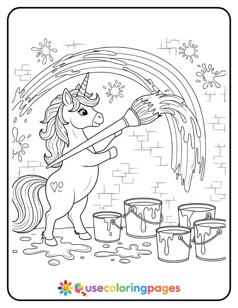 Unicorn Painting a Rainbow on the Wall Coloring Page
