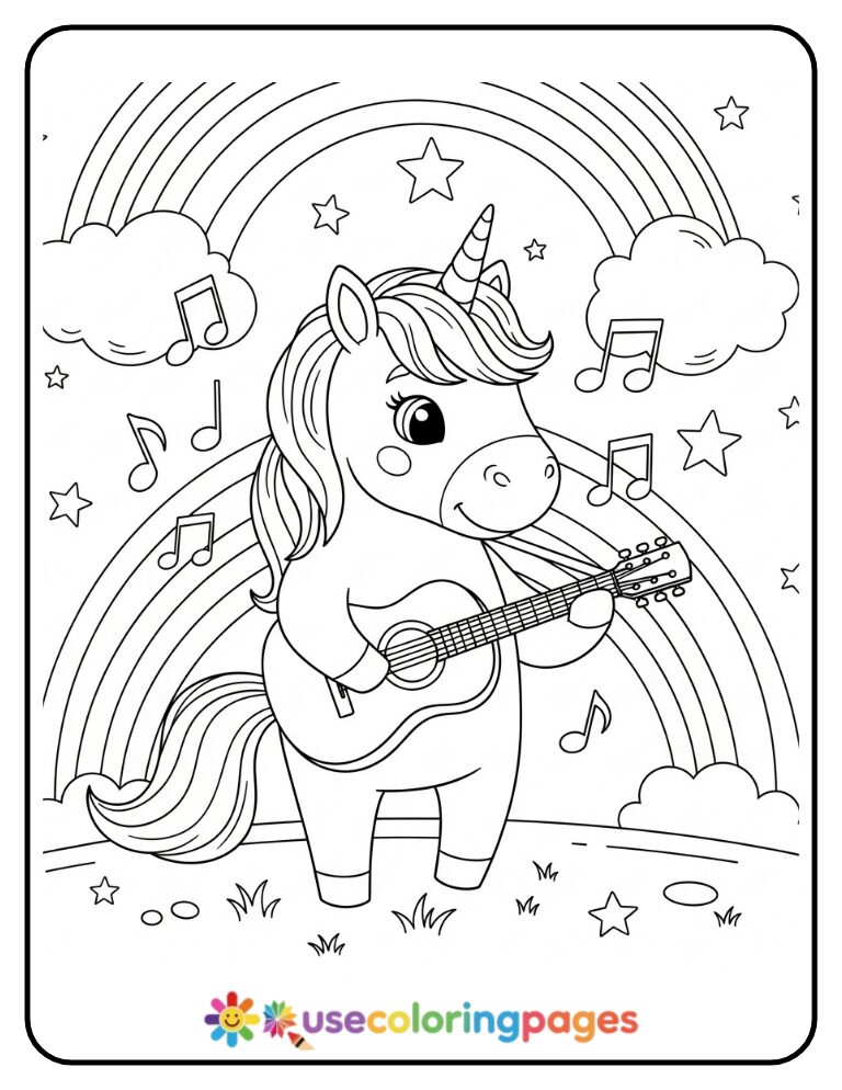Unicorn Playing Guitar Coloring Page