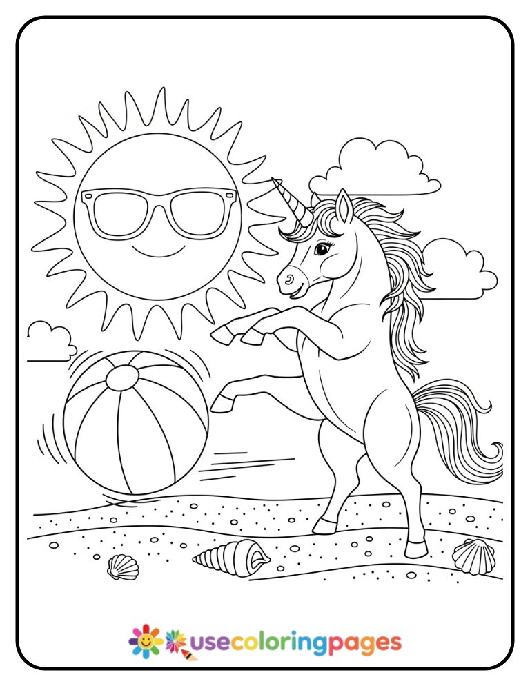 Unicorn Playing with Beach Ball Coloring Page