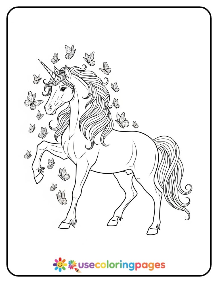 Unicorn Playing with Butterflies Coloring Page