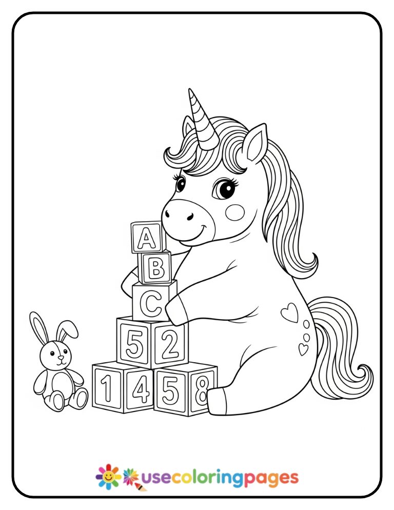 Unicorn Playing with Toy Blocks Coloring Page for Kids