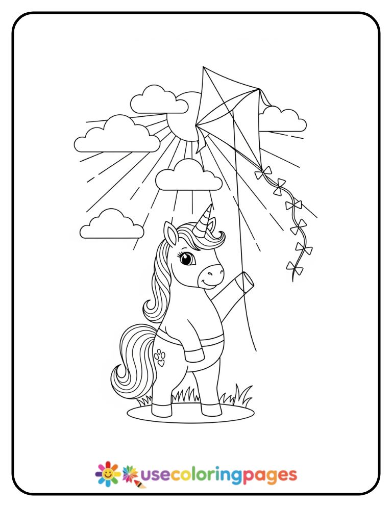 Unicorn Playing with a Kite Printable Coloring Page