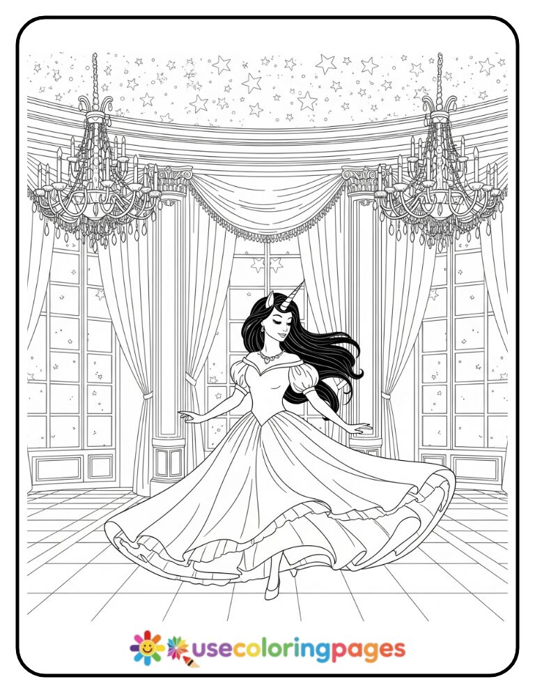 Unicorn Princess Dancing at the Ball Coloring Page