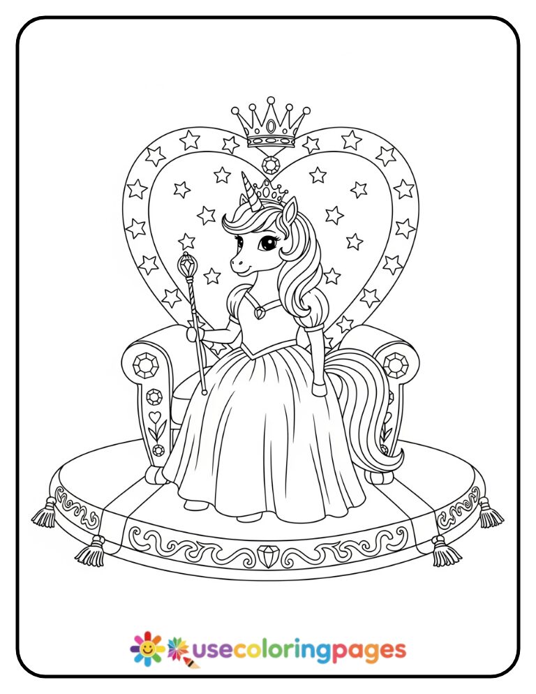 Unicorn Princess Sitting on Throne Coloring Page