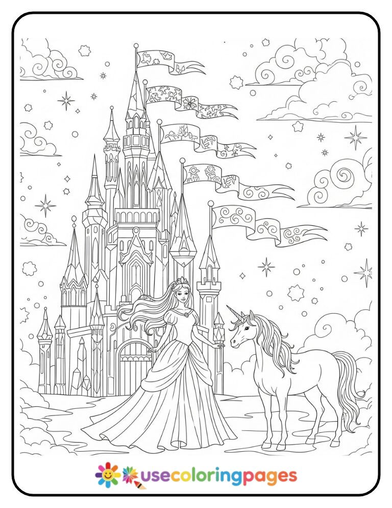 Unicorn Princess by a Crystal Castle Coloring Page