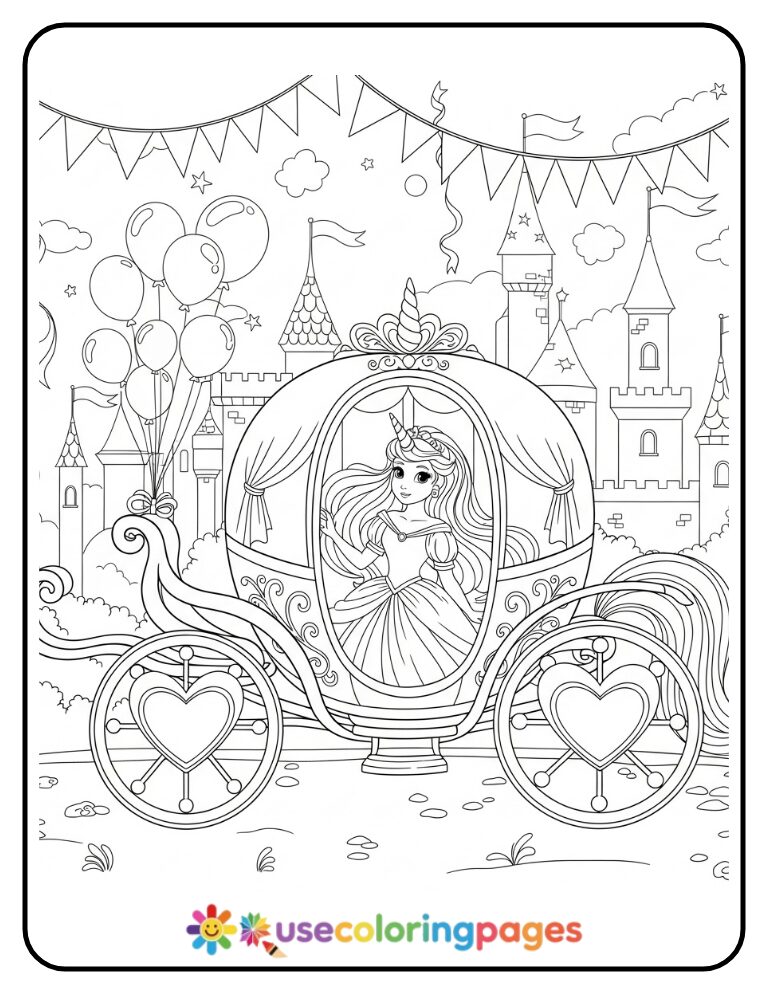 Unicorn Princess in Royal Carriage Coloring Page