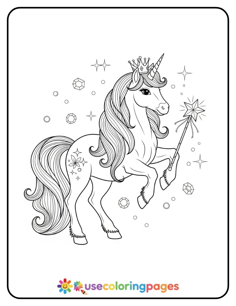 Unicorn Princess with Crown and Wand Coloring Page