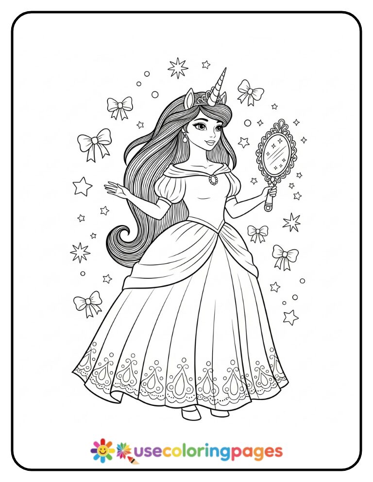 Unicorn Princess with Magic Mirror Coloring Page