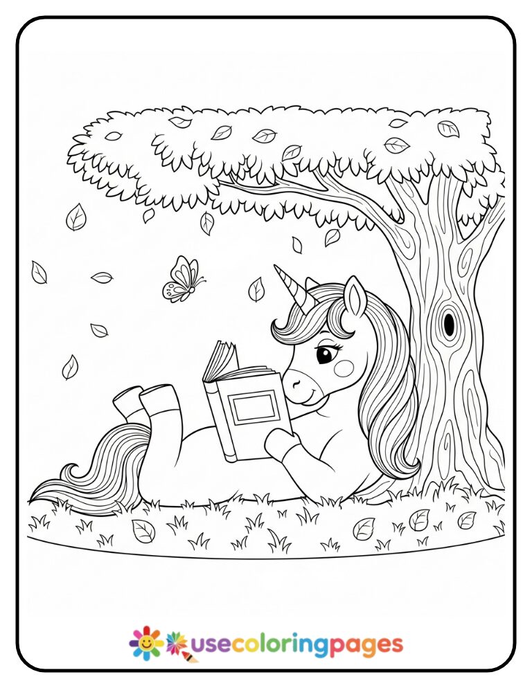 Unicorn Reading Under a Tree Printable Page