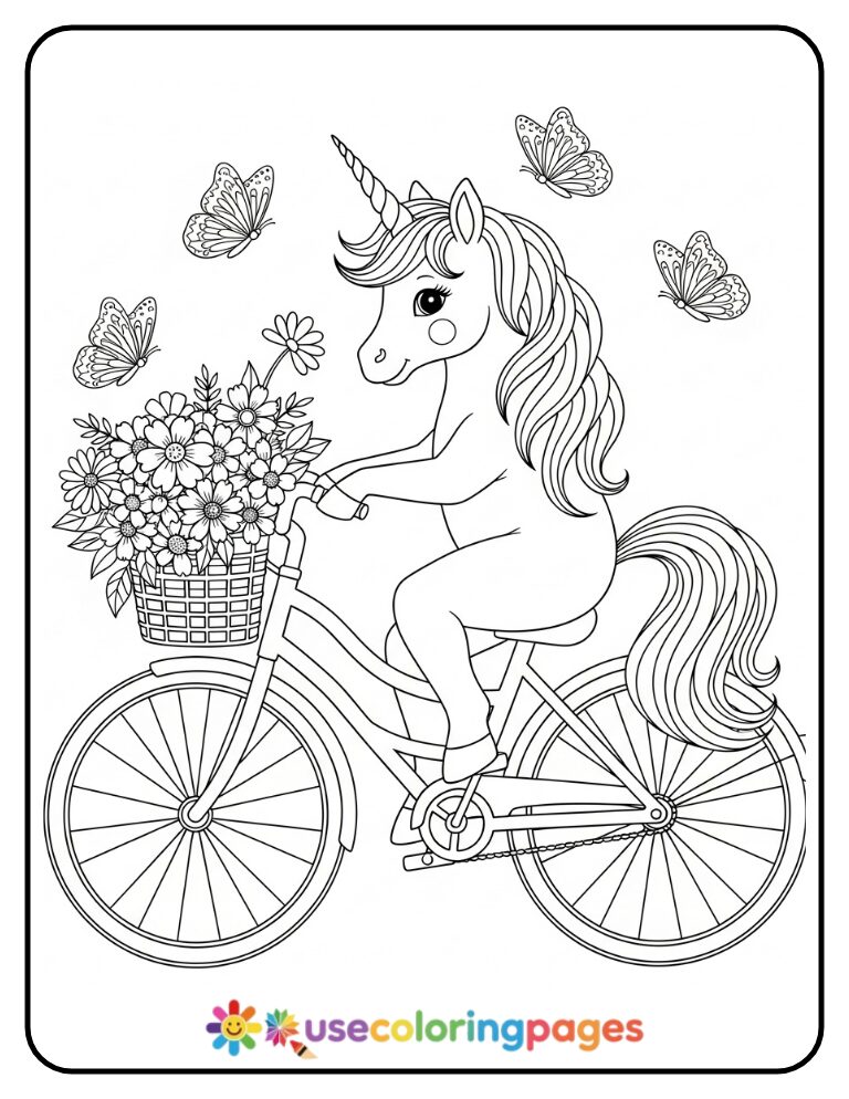 Unicorn Riding a Bicycle Coloring Page
