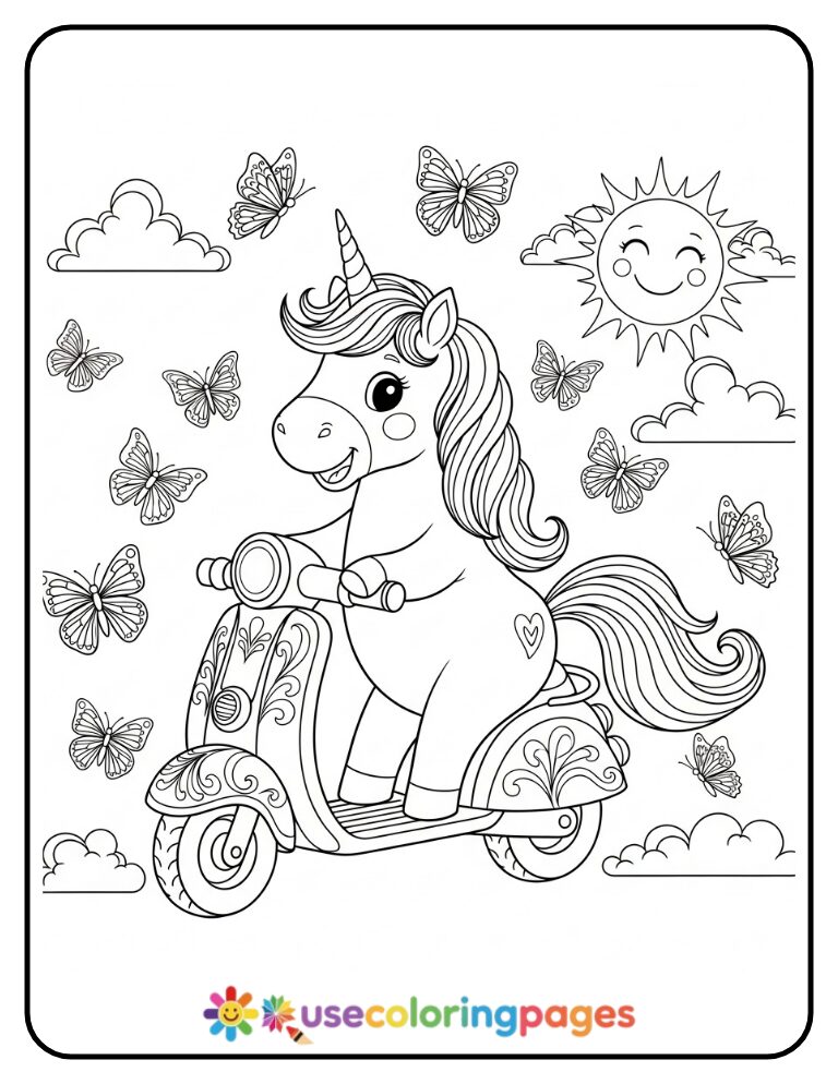 Unicorn Riding a Scooter Coloring Page for Kids