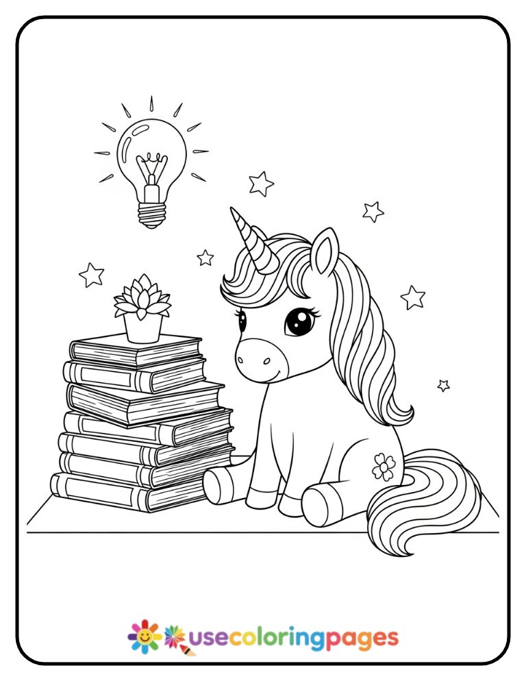 Unicorn Sitting Among Books Coloring Page Printable