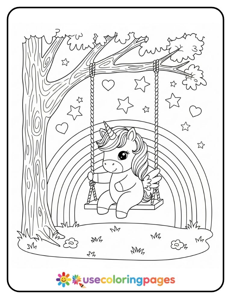 Unicorn Sitting On Rainbow-Shaped Swing Coloring Page