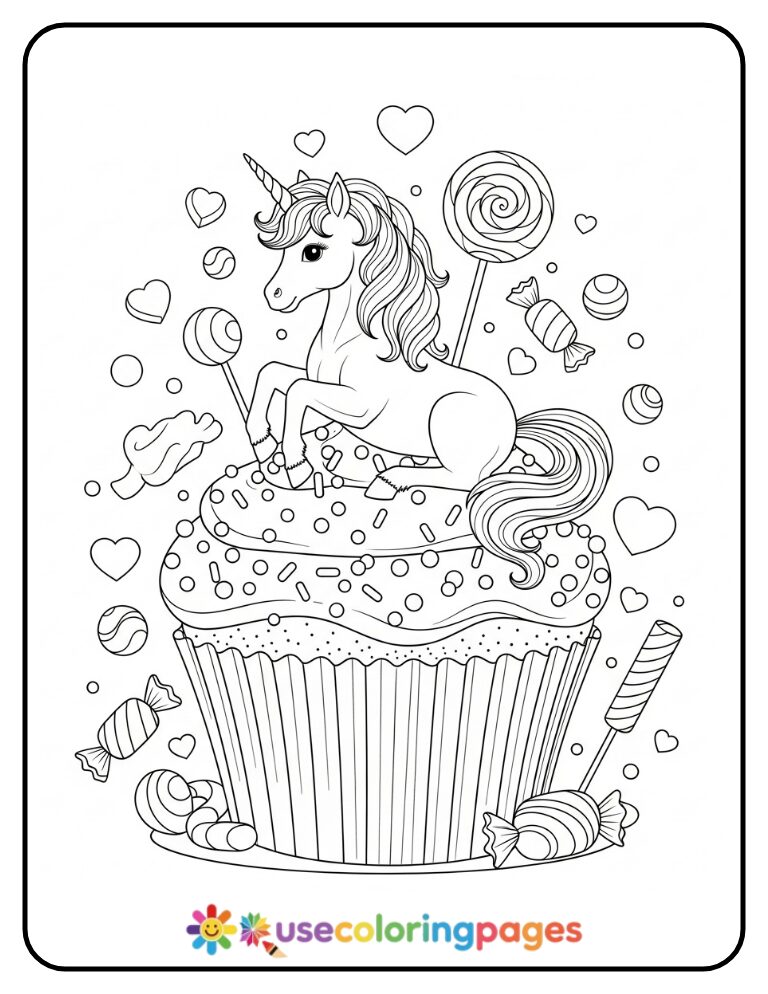 Unicorn Sitting on Giant Cupcake Coloring Page