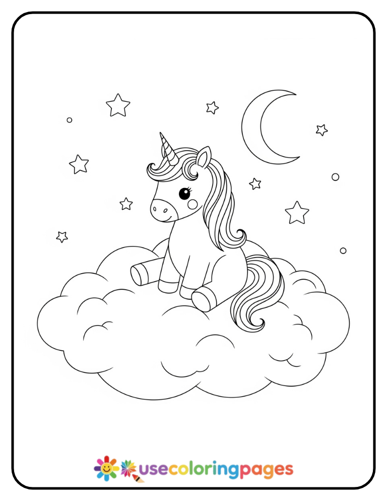 Unicorn Sitting on a Cloud Coloring Page Easy