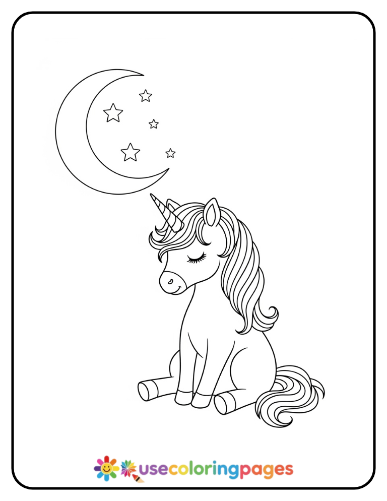Unicorn Sitting with Moon and Stars Printable Page