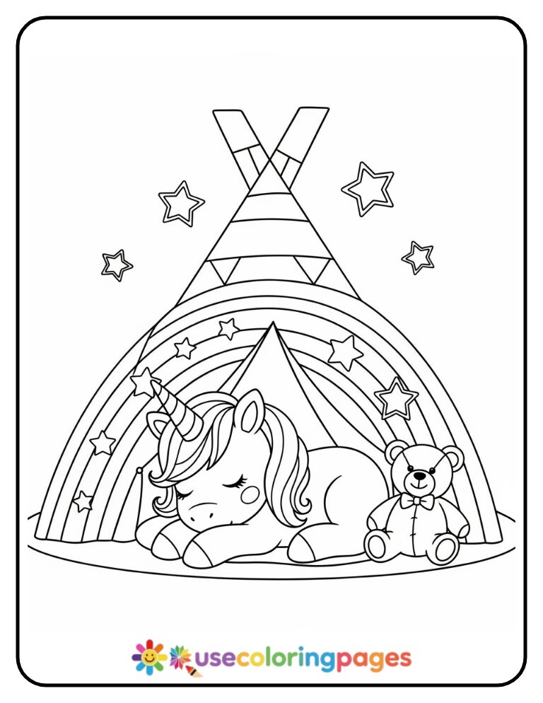 Unicorn Sleeping Under Rainbow Tent Coloring Page