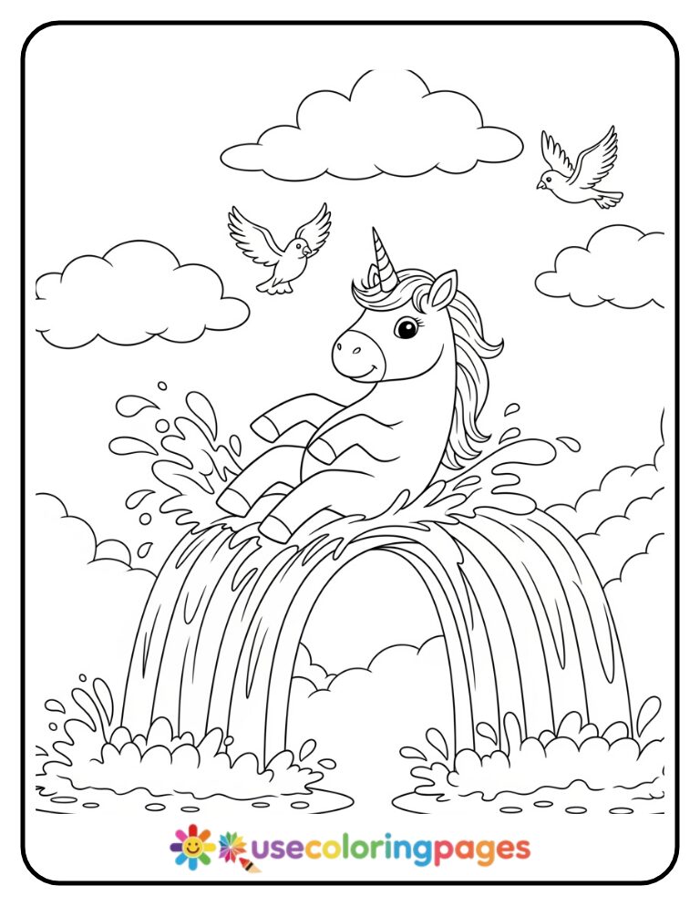 Unicorn Sliding Down Rainbow Waterfall Coloring Page