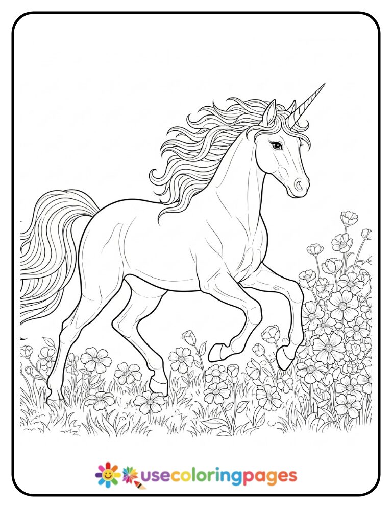 Unicorn Trotting Through Flowers Coloring Page Printable