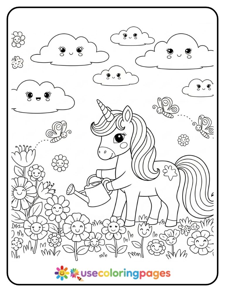 Unicorn Watering Garden Flowers Coloring Page for Kids