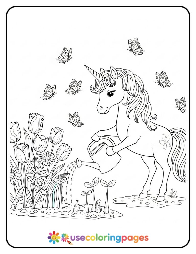 Unicorn Watering a Rainbow Garden Coloring Page