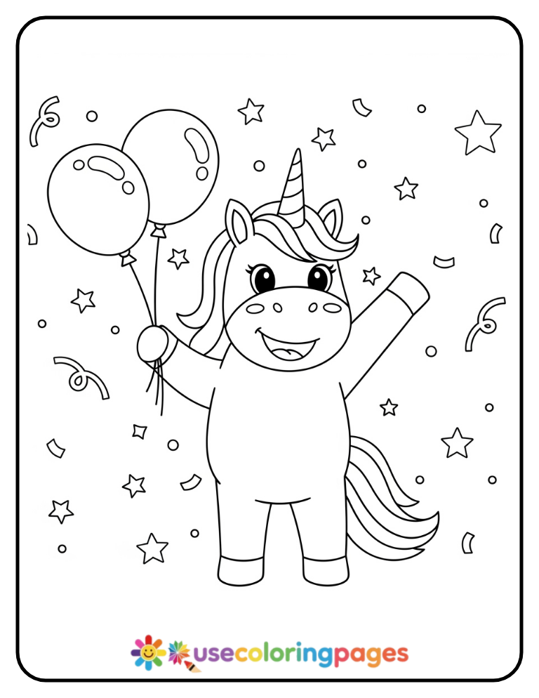 Unicorn Waving Hello with Balloons Coloring Page