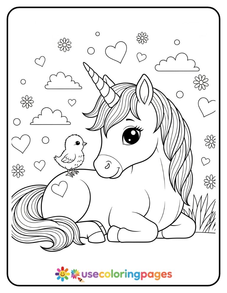 Unicorn and Baby Chick Coloring Page