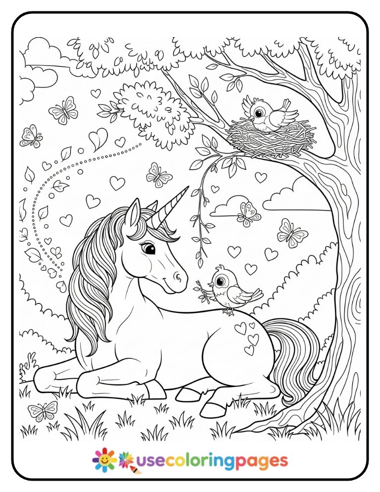 Unicorn and Bird Building a Nest Coloring Page