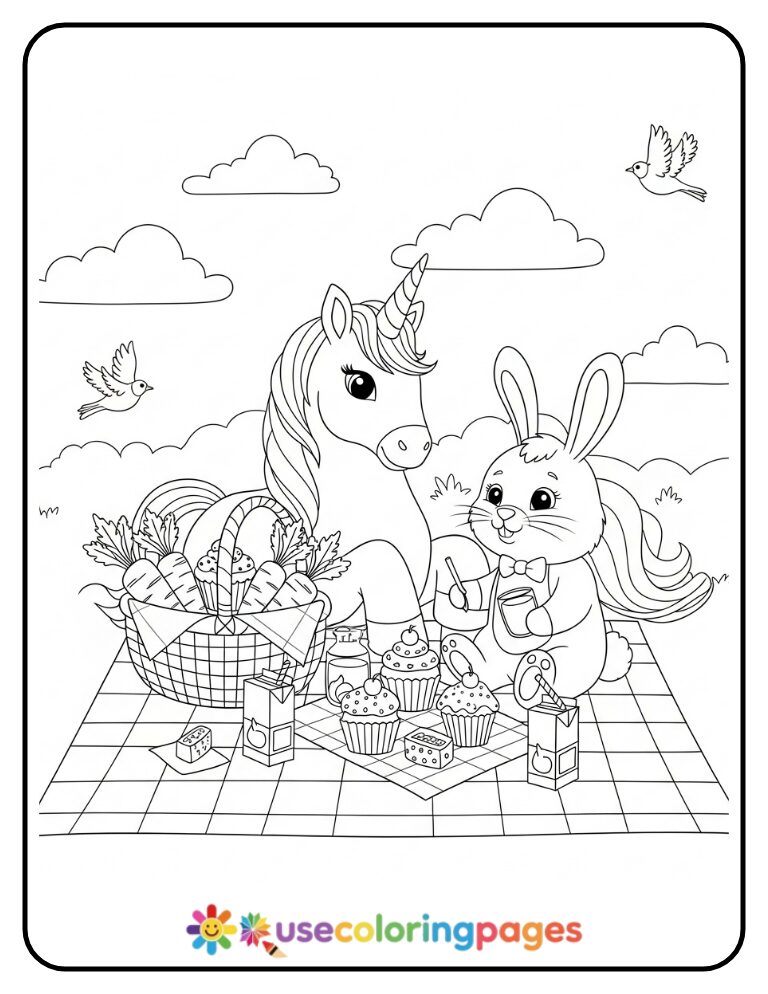 Unicorn and Bunny Sharing a Carrot Picnic Coloring Page