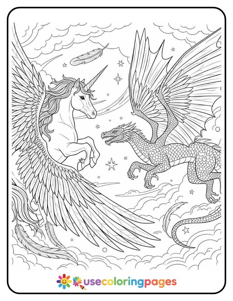 Unicorn and Dragon in Celestial Flight Coloring Page