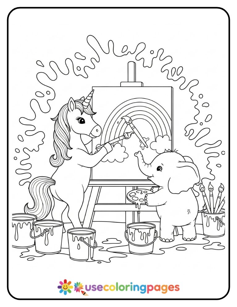 Unicorn and Elephant Painting Together Coloring Page