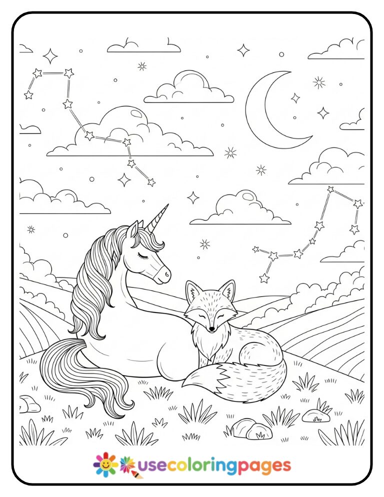 Unicorn and Fox Stargazing Together Coloring Page