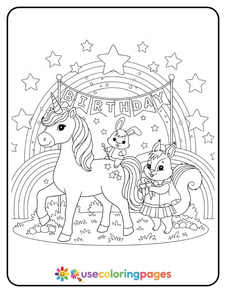 Unicorn and Friends Birthday Parade Coloring Page