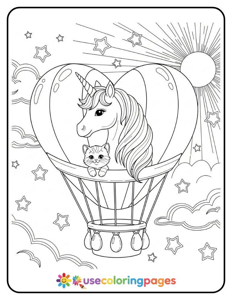 Unicorn and Kitten Riding a Hot Air Balloon Coloring Page