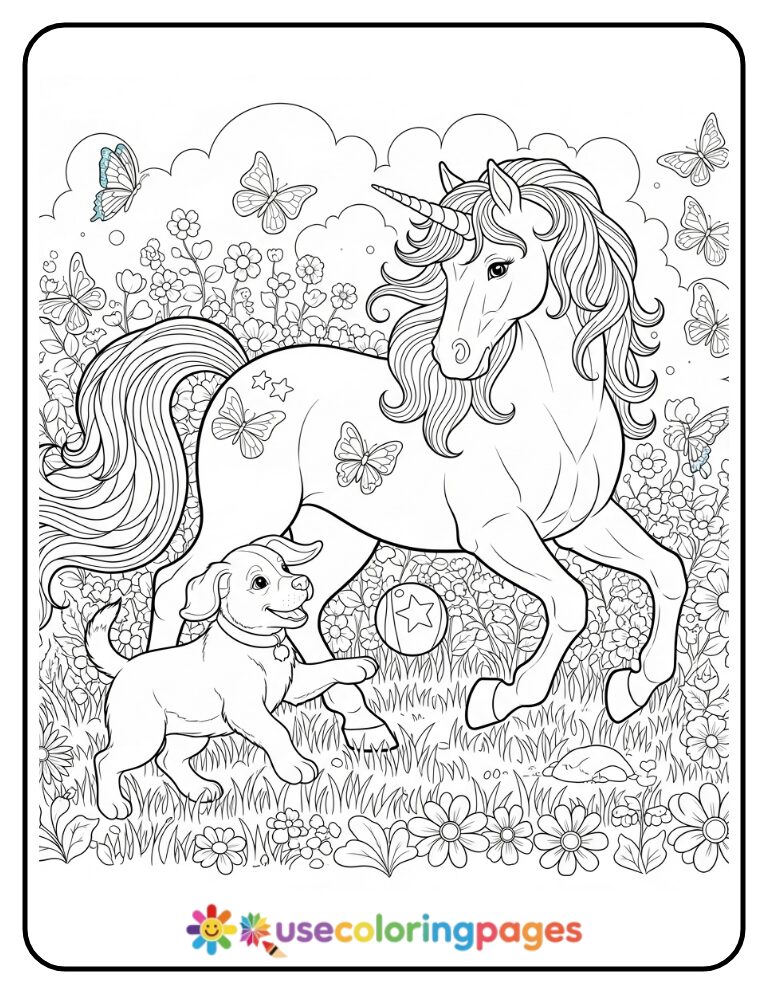 Unicorn and Puppy Playing Fetch Coloring Page