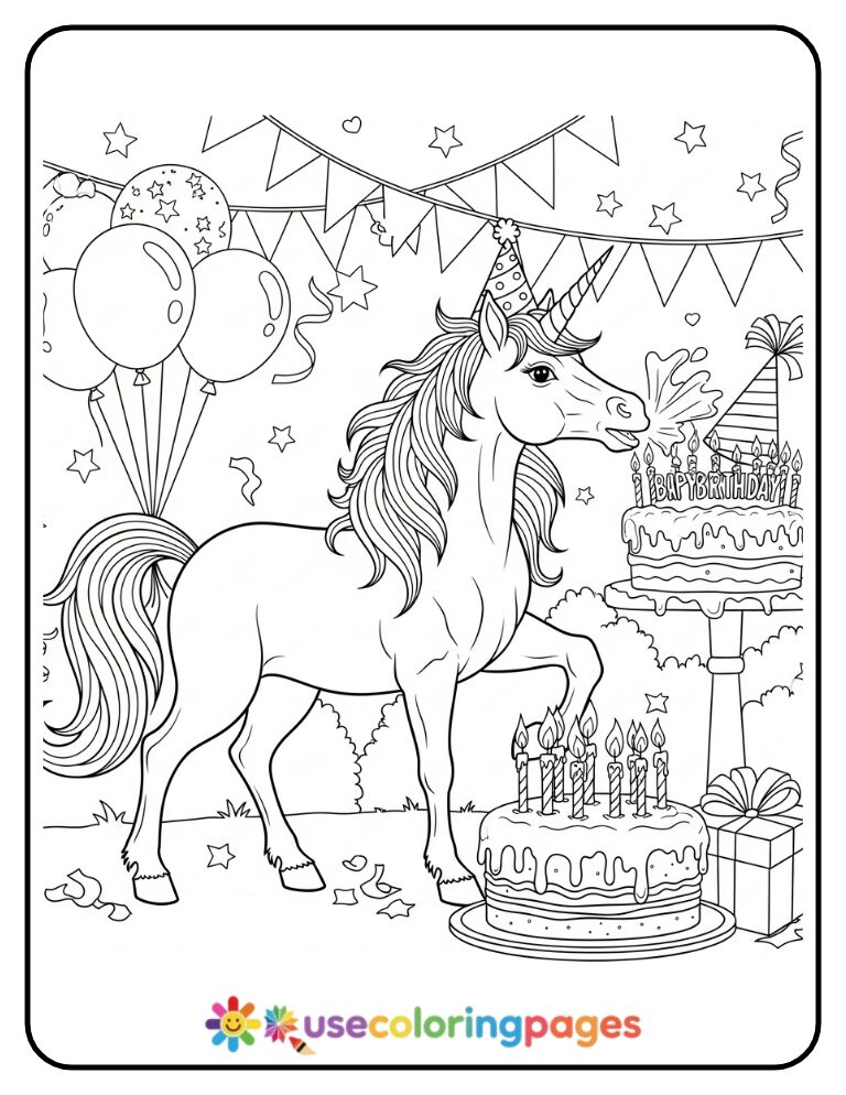 Unicorn at a Birthday Party Coloring Page