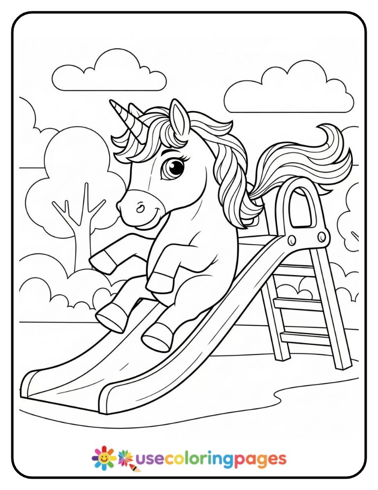 Unicorn at the Playground Slide Coloring Page